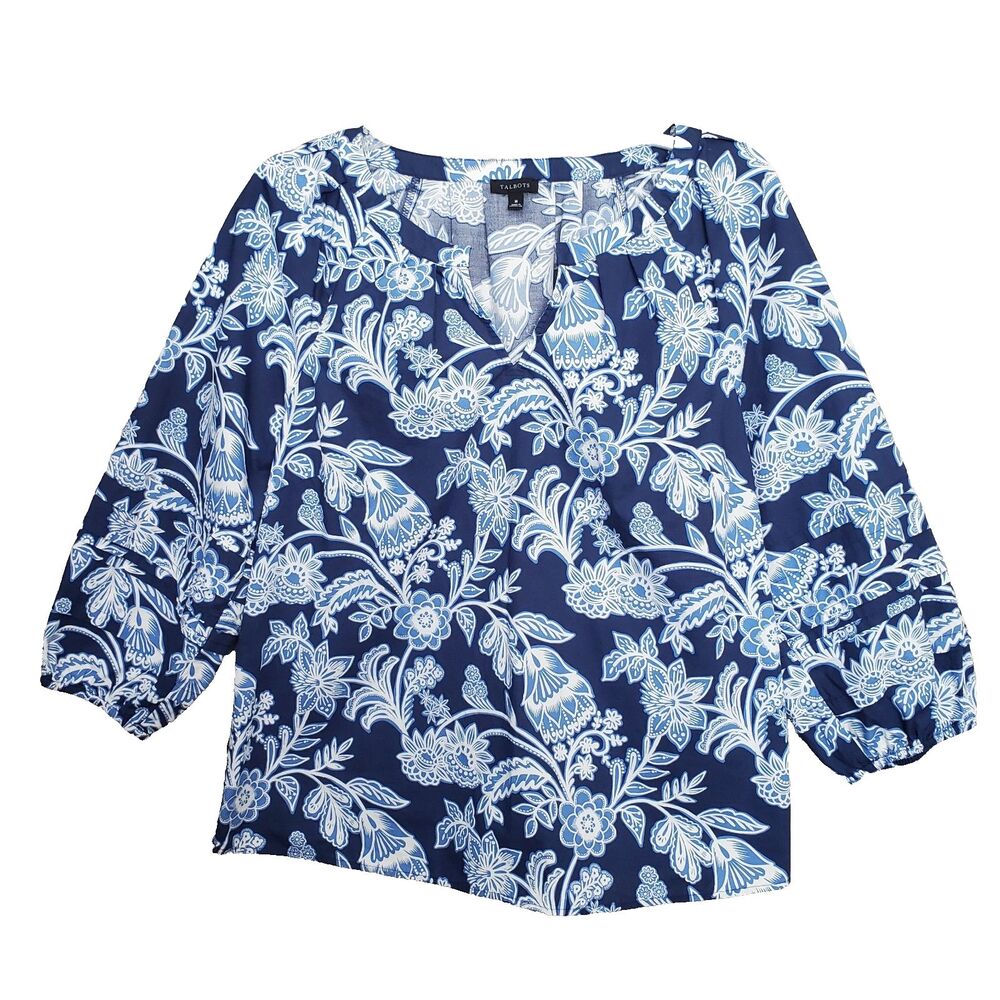 Talbots Cotton Blue Floral Pleated Sleeve Split Neck Blouse Size Medium